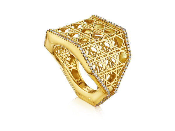Fine Cane Wide Ring, 18K Yellow Gold and Pavé Diamonds