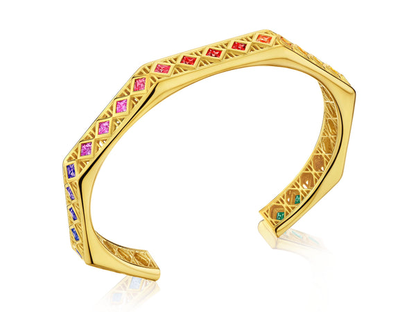 Ti Cane Cuff Bracelet, 18K Yellow Gold with princess-cut multi colored gemstones
