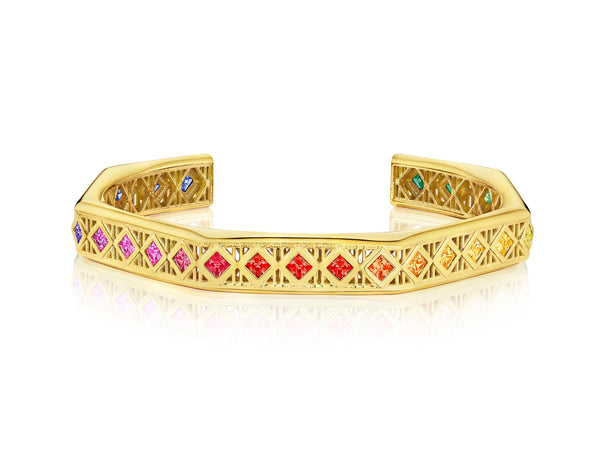 Ti Cane Cuff Bracelet, 18K Yellow Gold with princess-cut multi colored gemstones