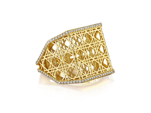 Fine Cane Wide Ring, 18K Yellow Gold and Pavé Diamonds
