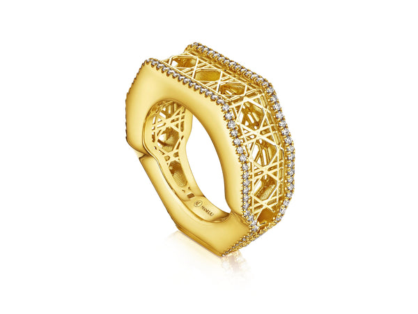 Fine Cane Ring, 18K Yellow Gold and Pavé Diamonds